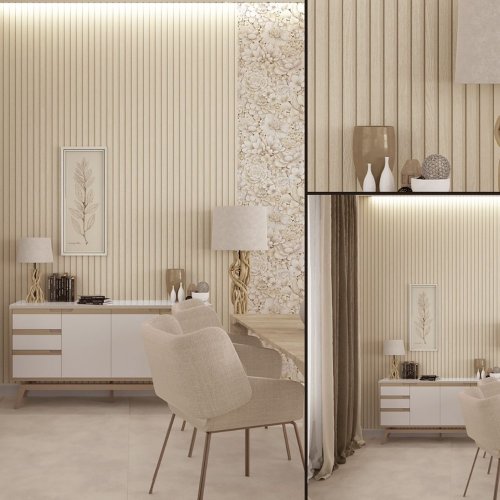 Textured wood stripe wallpaper in light brown for cozy interiors.