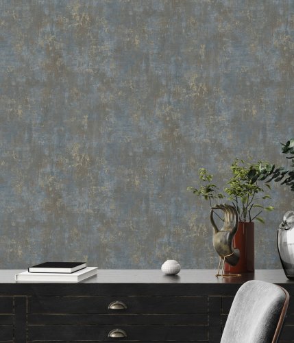 AS Creation Stories of Life Industrial Glamour Blue & Gold Wallpaper Room