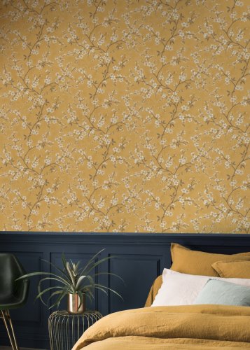 Rasch Blossom Mustard and Cream Wallpaper 456721