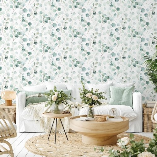 Galerie Flora Eucalyptus White & Green Wallpaper Room