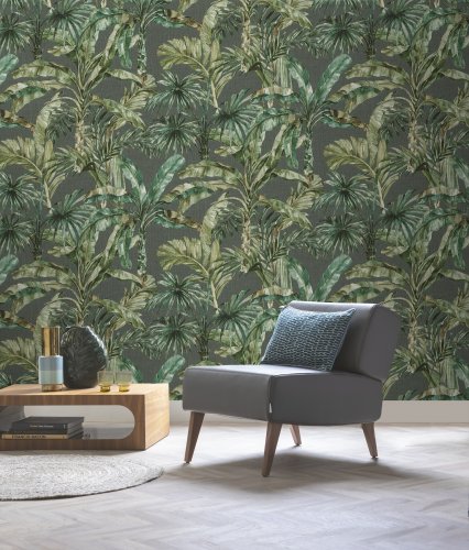 Rasch Tropical Palms Grey & Fresh Green Wallpaper 485271
