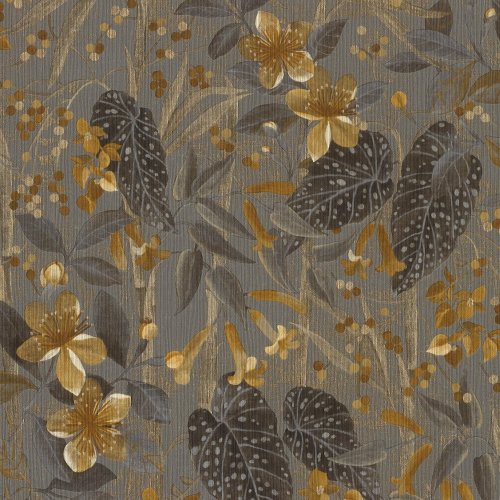 Rasch Curiosity Tropical Plant Bouquet Grey & Ochre Wallpaper