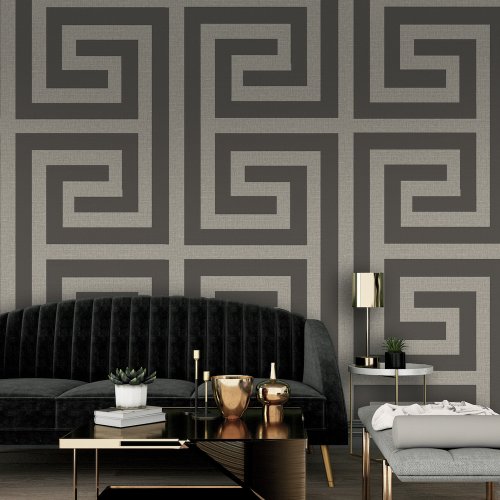 Belgravia Decor Giorgio Greek Key Gunmetal Silver Wallpaper