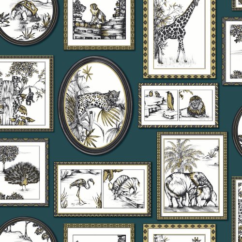 Holden Decor Safari Frames Teal and Gold Wallpaper 90070