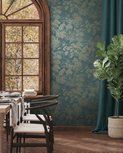 Holden Decor Cranes Natoru Aqua & Gold Wallpaper Room