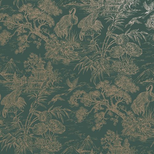 Holden Decor Cranes Natoru Aqua & Gold Wallpaper