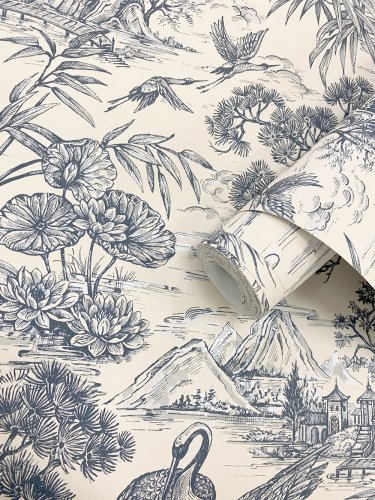 Holden Decor Cranes Natoru Navy & Cream Wallpaper Roll