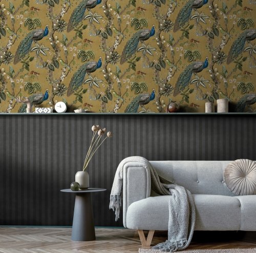 Holden Decor Peacock Cassia Ochre Wallpaper Room