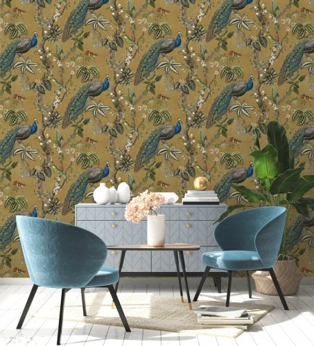 Holden Decor Peacock Cassia Ochre Wallpaper Room 2