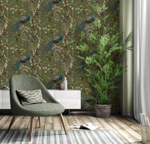 Holden Decor Peacock Cassia Green Wallpaper Room