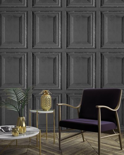 Grandeco Wood Panels Black Wallpaper