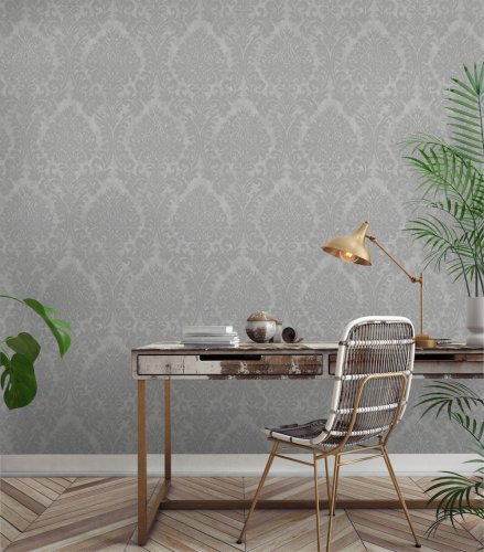 Grandeco Chenille Damask Silver Wallpaper A501025