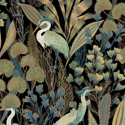 Ciara Grandeco Tropical Cranes Black Wallpaper