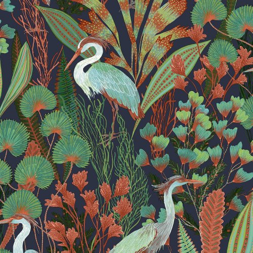 Grandeco Tropical Cranes Blue Wallpaper A63202