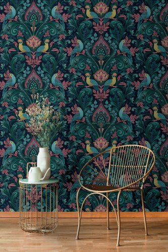 Grandeco Arcadia Opulent Damask Navy & Pink Wallpaper Room