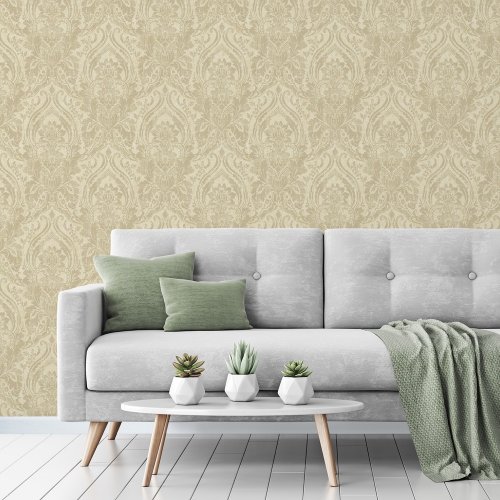 Elegant textured damask wallpaper with gold detailing.