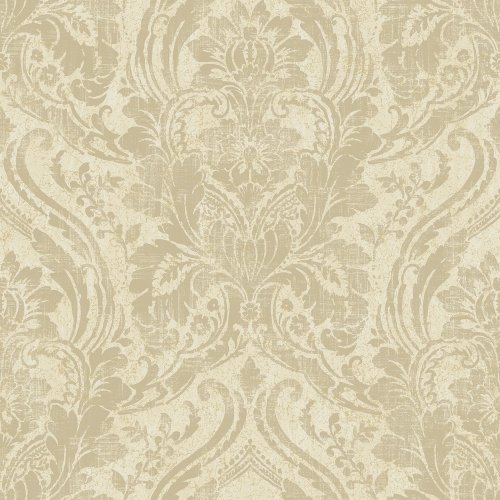 Luxurious cream and gold damask patterned wallpaper.