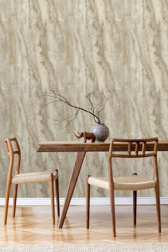 Grandeco Stone Facade Neutral Wallpaper with metallic gold veining