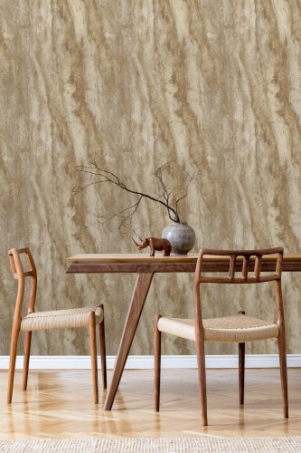 Room setting featuring Grandeco Stone Facade Bronze Wallpaper with realistic stone texture