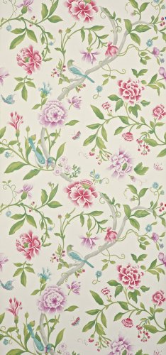 Sanderson Porcelain Garden Magenta and Leaf Green Wallpaper DCAVPO106