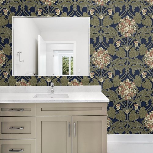 Galerie Floral Hydrangea Nave/Olive/White/Red Wallpaper Room 2