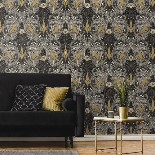 Galerie Bird Scroll Charcoal/Grey/Yellow Wallpaper Room