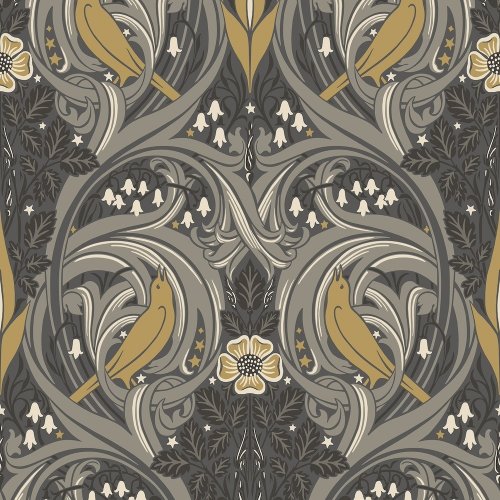 Galerie Bird Scroll Charcoal/Grey/Yellow Wallpaper