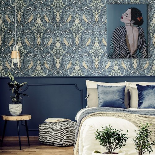 Galerie Bird Scroll Blue/Olive/Beige Wallpaper Room