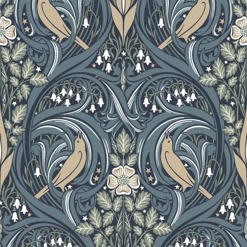 Galerie Bird Scroll Blue/Olive/Beige Wallpaper
