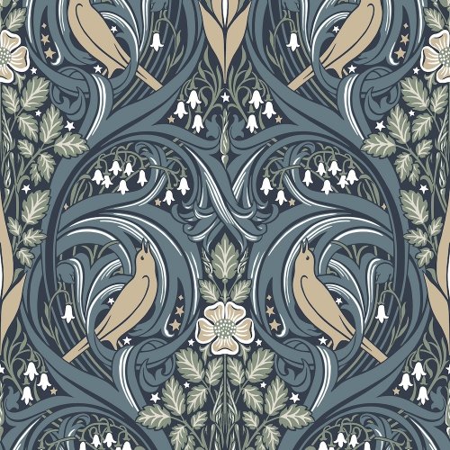 Galerie Bird Scroll Blue/Olive/Beige Wallpaper