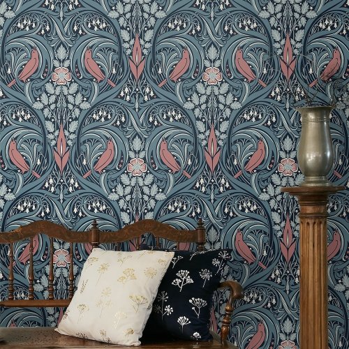 Galerie Bird Scroll Blue/Coral Wallpaper Room 2