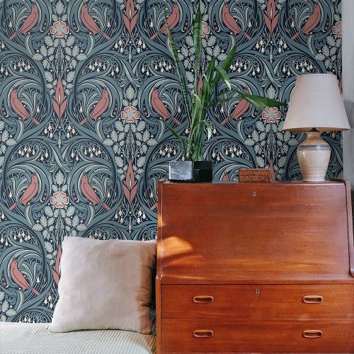 Galerie Bird Scroll Blue/Coral Wallpaper Room