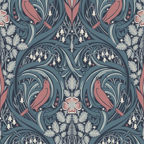 Galerie Bird Scroll Blue/Coral Wallpaper