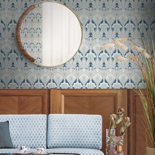 Galerie Dragonfly Damask Aegean Blue & Dewdrop Wallpaper Room