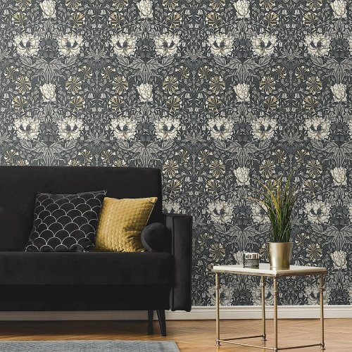 Galerie Ogee Flora Charcoal/Cream/Yellow Wallpaper Room 2