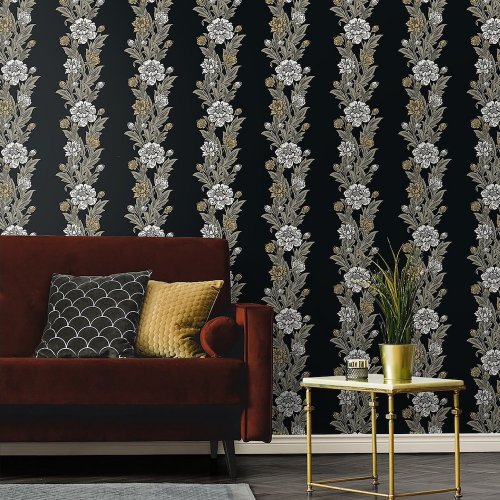 Galerie Blooming Stripe White/Beige/Black Wallpaper Room