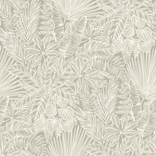 A Street Prints Vita Taupe Wallpaper flat sample with cream tropical leaves on a taupe background