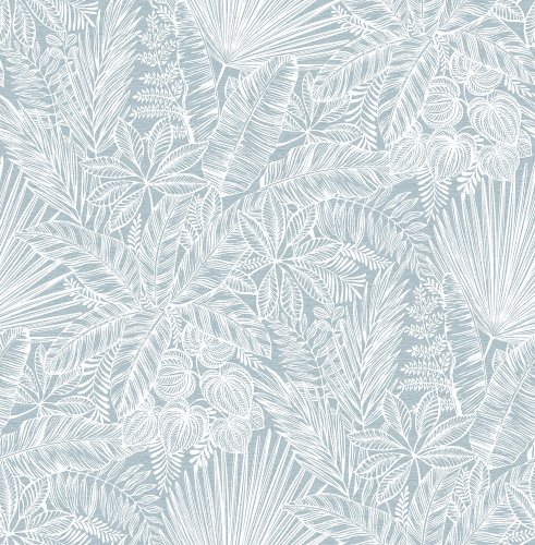 A Street Prints Vita Blue Wallpaper featuring tropical leaf outlines on a soft blue background