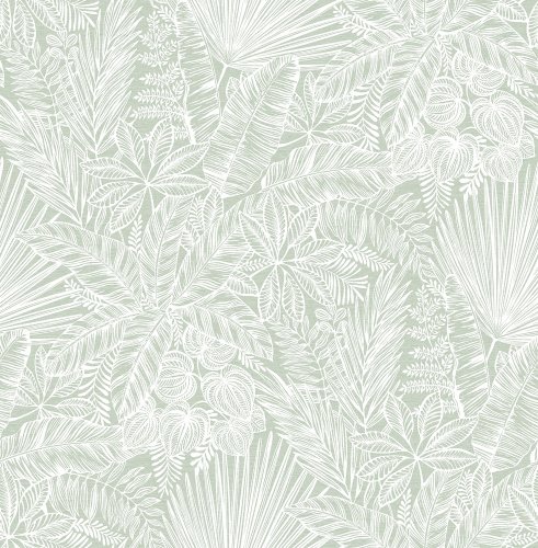 A Street Prints Vita Sage Wallpaper with tropical leaf pattern