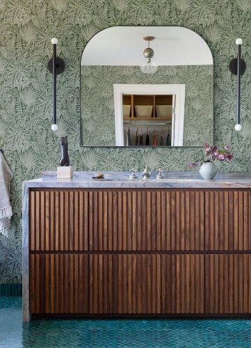 A Street Prints Vita Green Wallpaper shown in styled interior room