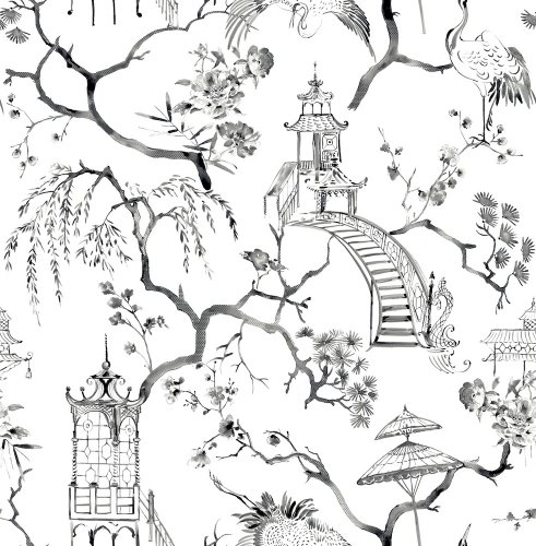 Flat image of A Street Prints Serena Charcoal Wallpaper showing pagodas and cranes