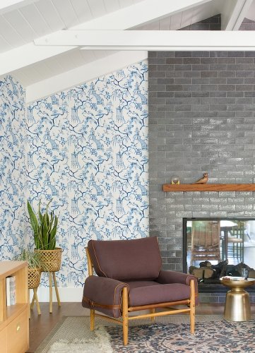 Serena Blue chinoiserie wallpaper styled in a classic feature wall