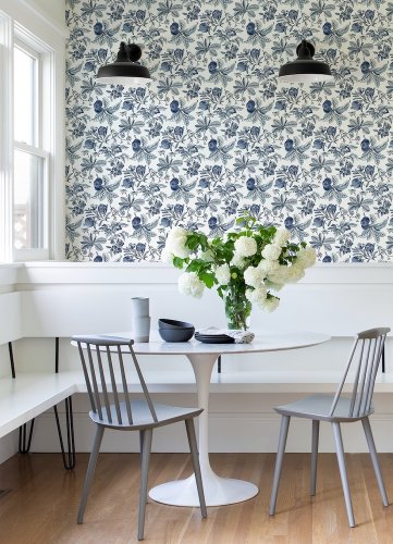 Cecilia Blue wallpaper feature wall with white woodwork trim