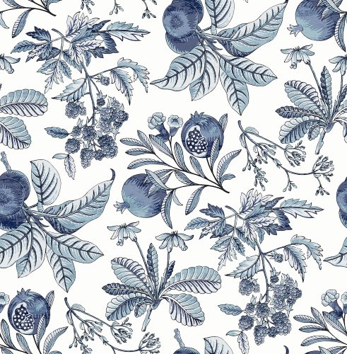 Cecilia Blue wallpaper flat pattern with indigo botanical fruits and leaves