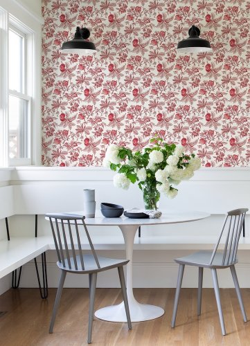Cecilia Red wallpaper accent wall with soft furnishings