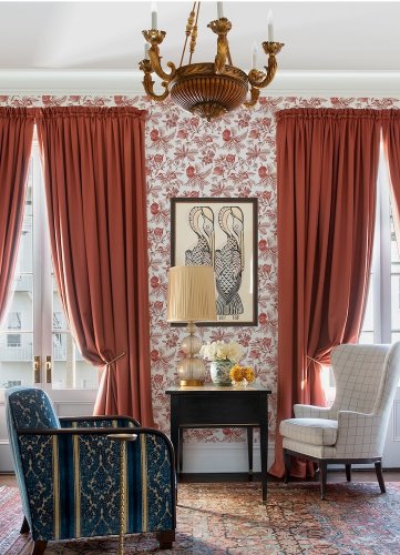 Cecilia Red botanical wallpaper shown in a modern interior
