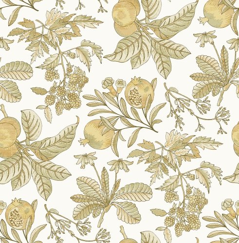 Cecilia Natural wallpaper flat pattern with botanical fruit and leaves