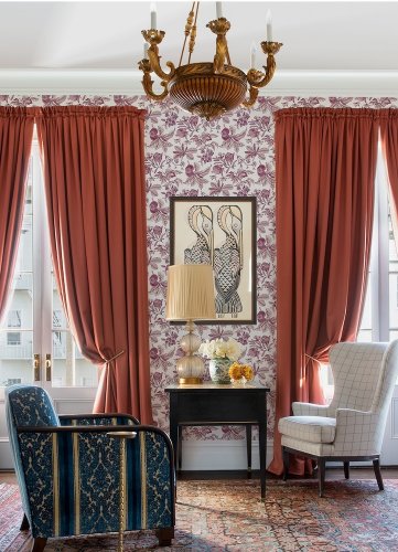 Cecilia Purple wallpaper feature wall in a classic décor style