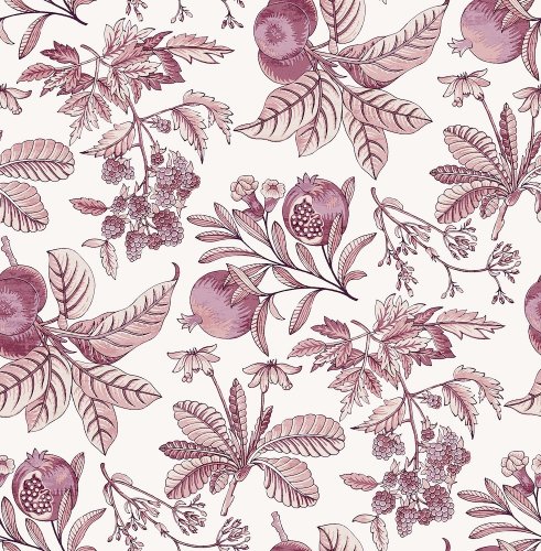 Cecilia Purple wallpaper pattern with pomegranates and foliage