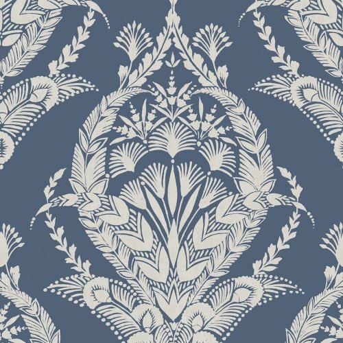 Arlie Blue wallpaper with cream folk damask on blue background